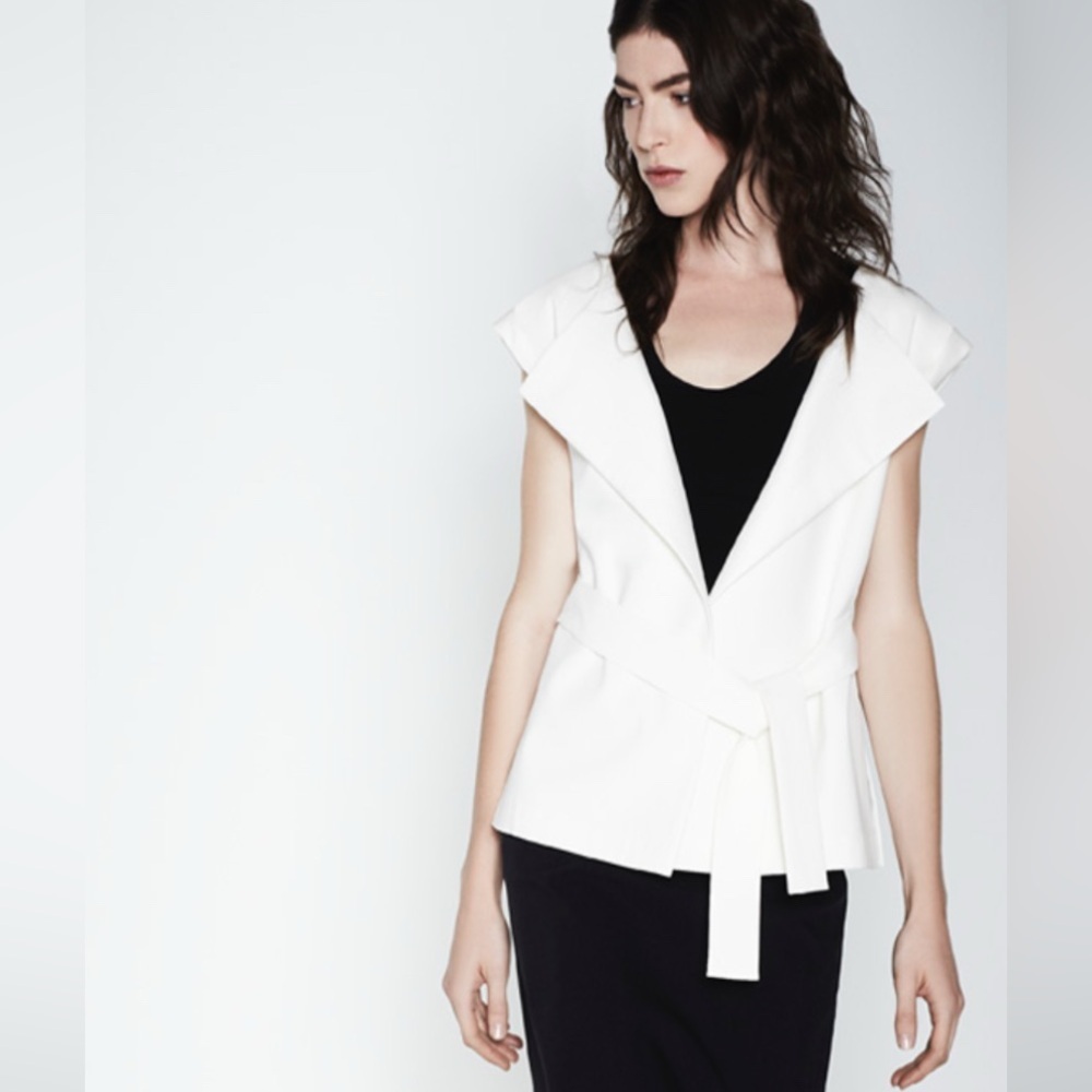 Lida Baday Cream Stretch Open Front Belted Jacket